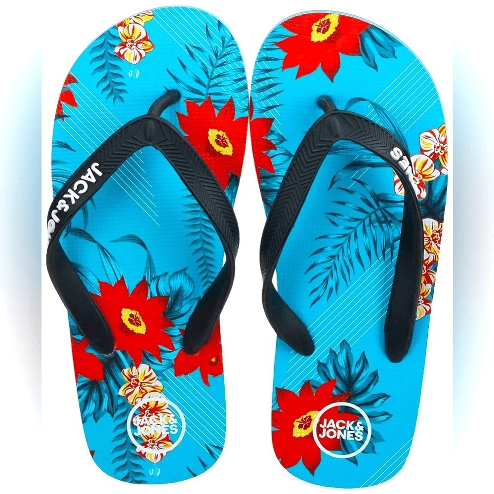 NEW Jack & Jones flip flops Tropical print in Scuba Blue Sz EU 42/43 & US 9/10